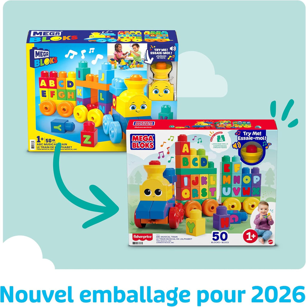 MEGA Bloks Le Train de L'Alphabet, jeu de blocs de construction, 50 pièces, jouet pour bébé et enfant de 1 à 5 ans, FWK22