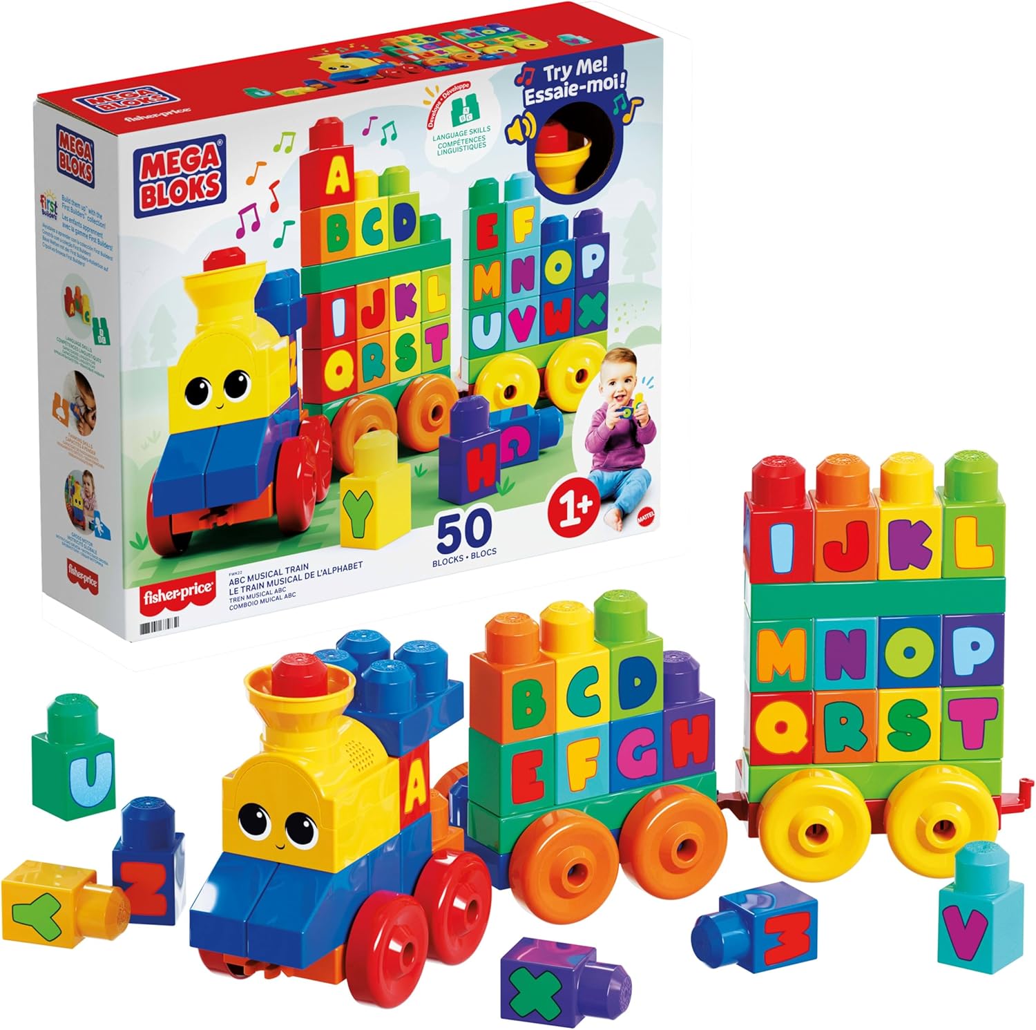 MEGA Bloks Le Train de L'Alphabet, jeu de blocs de construction, 50 pièces, jouet pour bébé et enfant de 1 à 5 ans, FWK22