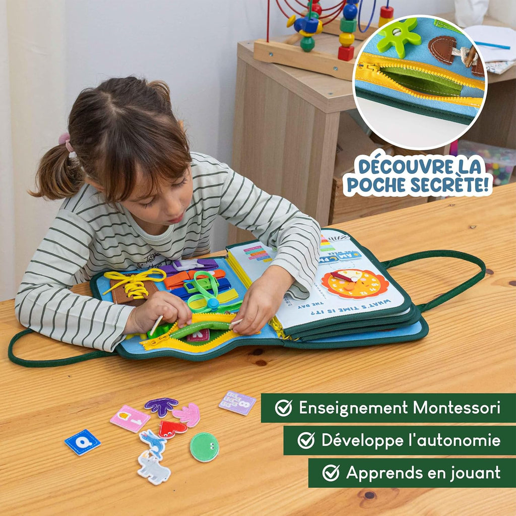 BONNYCO Busy Board Montessori de Feutre. Jouet Montessori Educatif, Malette Busy Book Motricité Fine. Jouets d'Activité et de Développement, Cadeau Enfant Garcon Fille 1 2 3 4 5 6 Anniversaire Noel